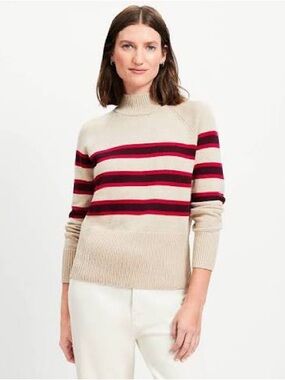 LOFT Striped Mock Neck Sweater Beige Red Cotton Ribbed Size Small